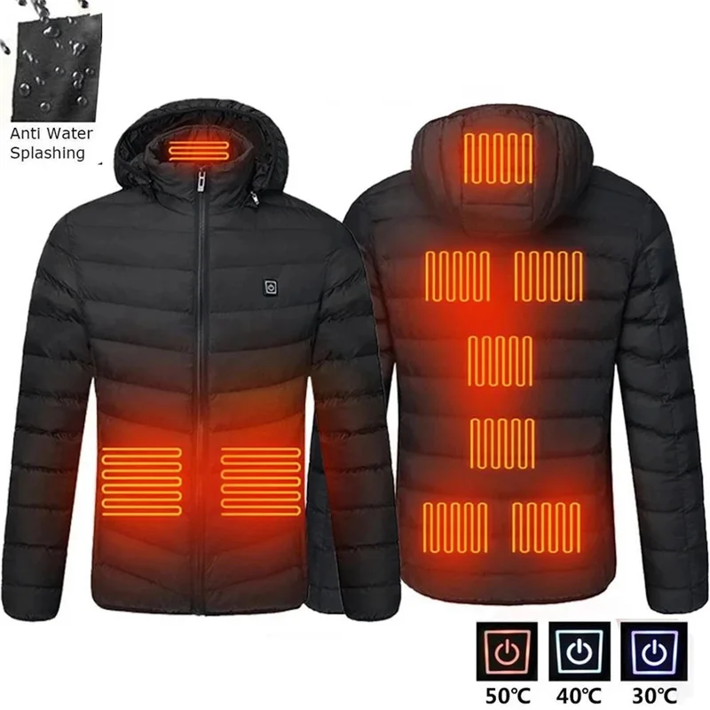 Men Winter Warm USB Heating Jackets Smart Thermostat Pure Color Hooded Heated Clothing Waterproof Warm Jackets R1832