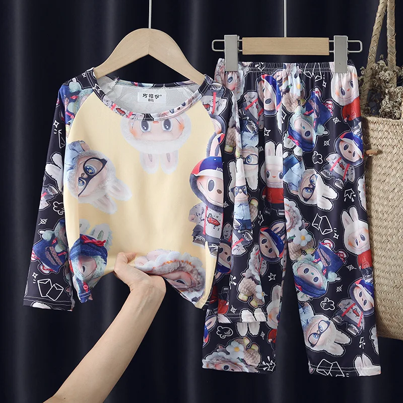 Runjoy new cartoon labubu Children Pajama Sets kawaii labubu print soft Autumn Winter long sleeve Casual kids Homewear wholesale