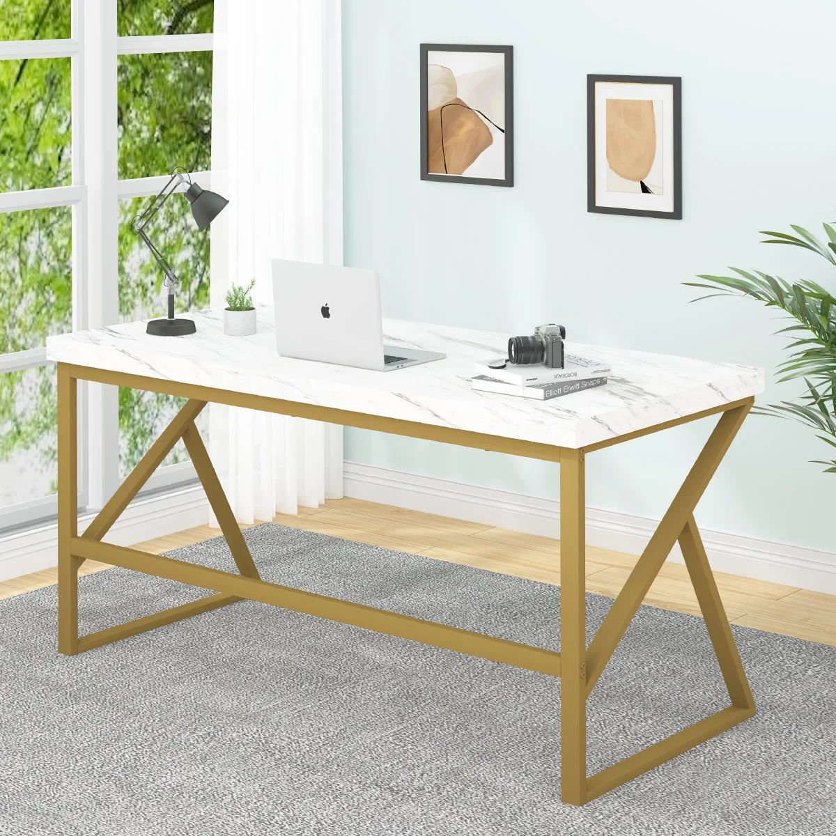 New 1.4-Meter-Long White and Gold Computer Desk Luxury Computer Desk Computer Table Desk for Family Bedrooms and Living Rooms