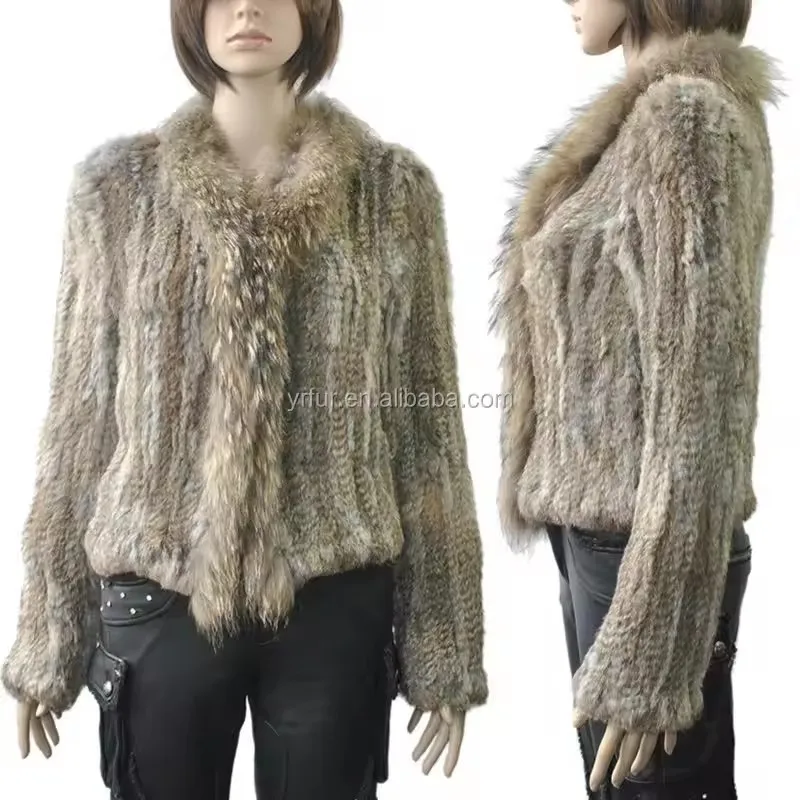 YR258 China Factory Luxury Thick Knitted Winter Fur Coat with Raccoon Fur trimming for Women