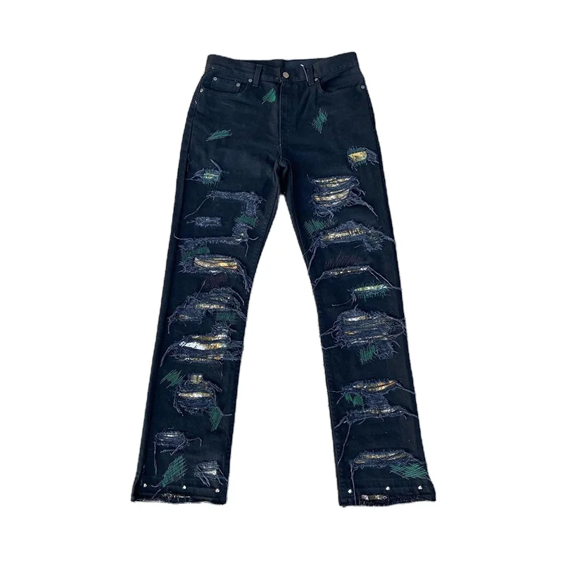 DiZNEW Custom Chicano Gothic Embroidery with Pockets Camouflage Cargo Jeans for Men Straight Streetwear Baggy Denim Pants