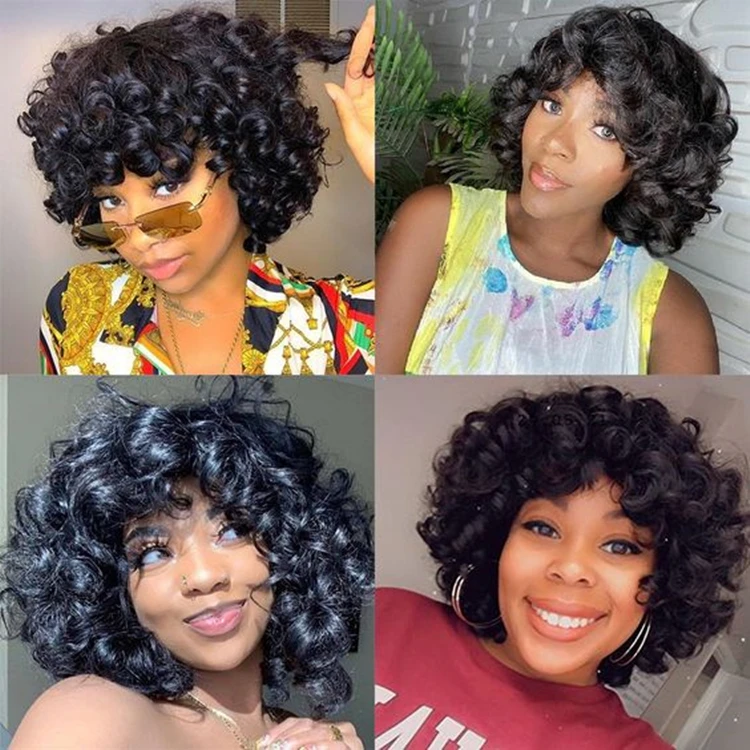 Short Curly Wig With Bangs 180% Density Double Drawn Human Hair Wig Machine Made Human Hair Short Curly Bob Wigs With Bang