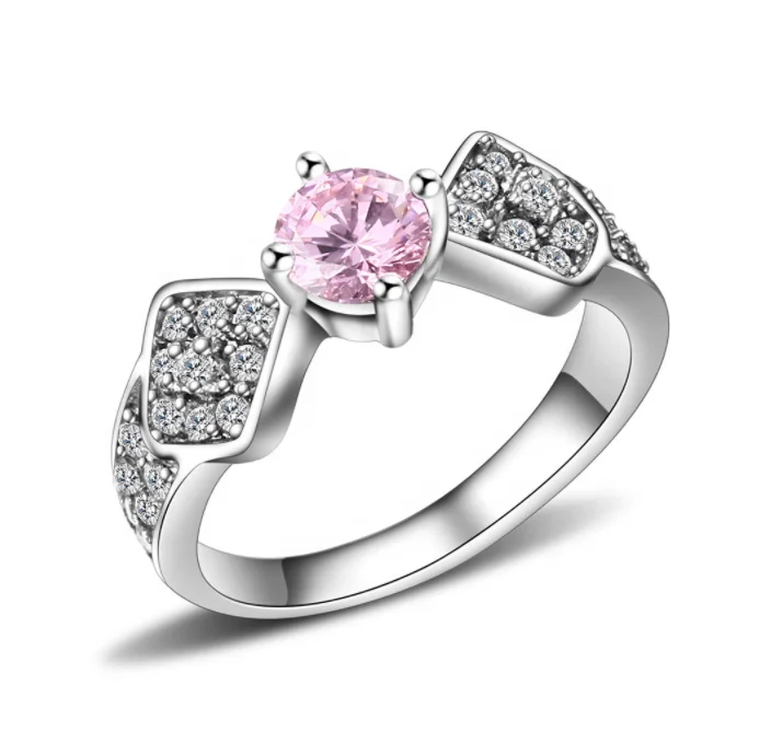 Wholesale Silver Jewelry 925 Sterling Silver Round Cut Pink Zircon Engagement Ring