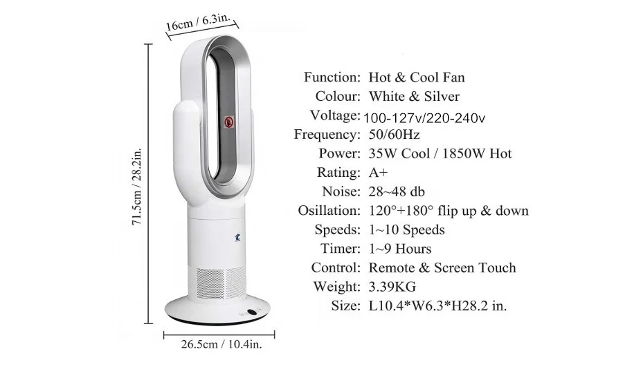  Lightly LCD Display 26' Cool and Heat Smart Bladeless Tower Fan Heater with thermostatically PTC ceramic indoor