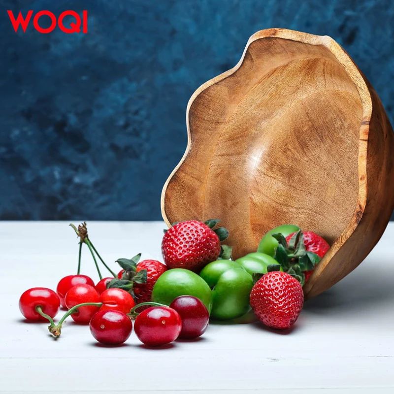 WOQI Brown Rustic Kitchen Decor Wooden Fruit Bowl Scallop-Edged for Coffee Table or Home Centerpiece for Food Display