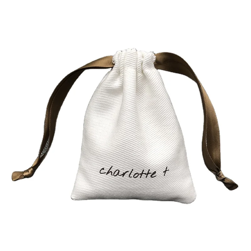 Оптовая продажа, белая Сумочка для ювелирных изделий из органического хлопка с напечатанным логотипом