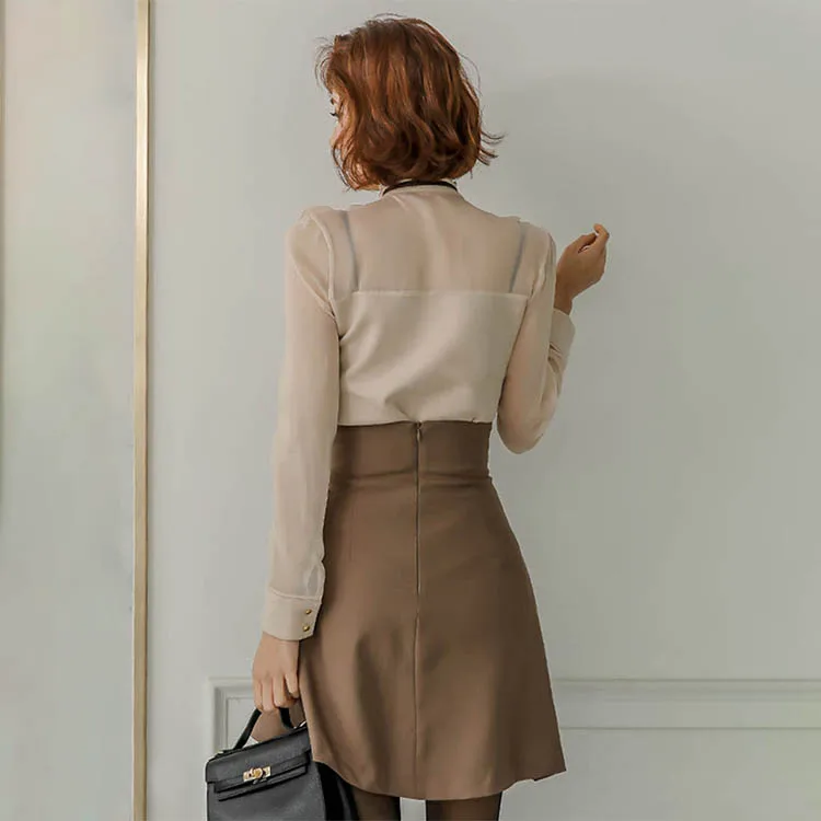 Casual lace button cardigan shirt top ruffled belt waist asymmetric skirt mini skirt suit