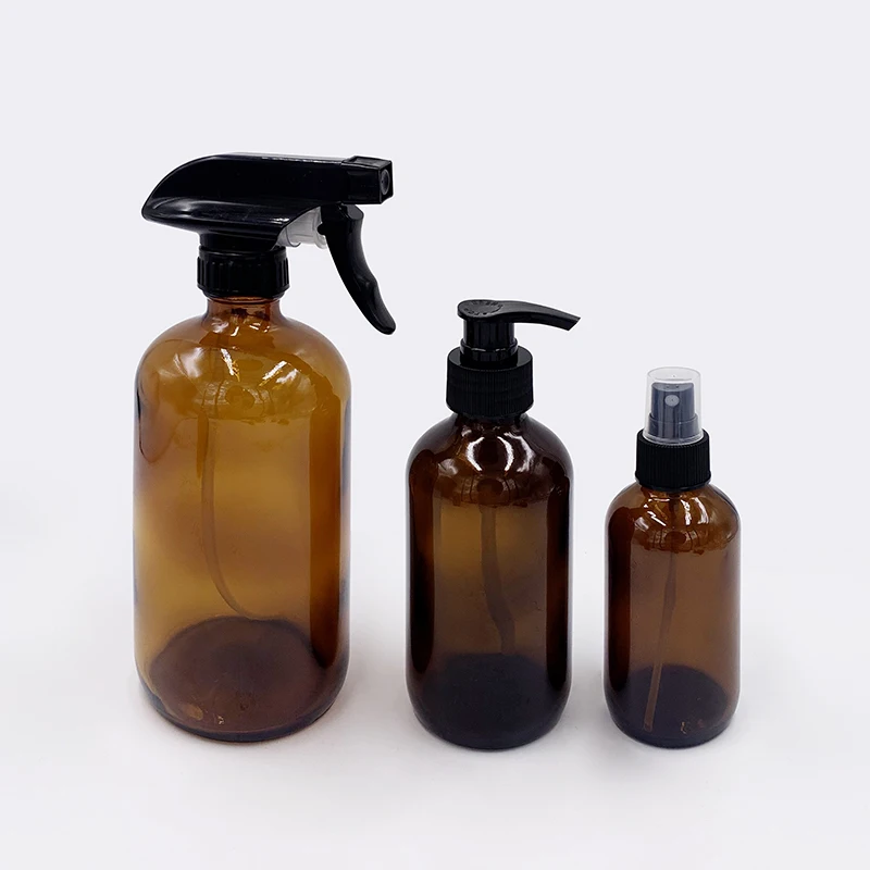 Custom thick bottom frosted amber brown clear boston round glass bottles 500ml 2/4 oz 8oz 16oz 250ml 4oz with trigger sprayer