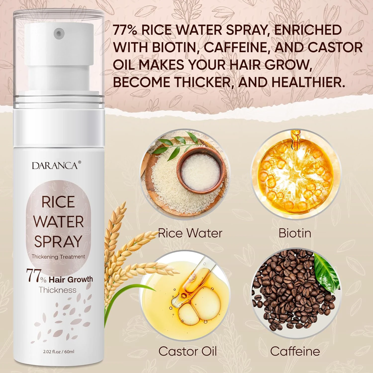 Hotselling OEM ODM Rice Water Hair Growth Spray Custom Organic Anti-Hair Loss Treatment Regrowth Spray