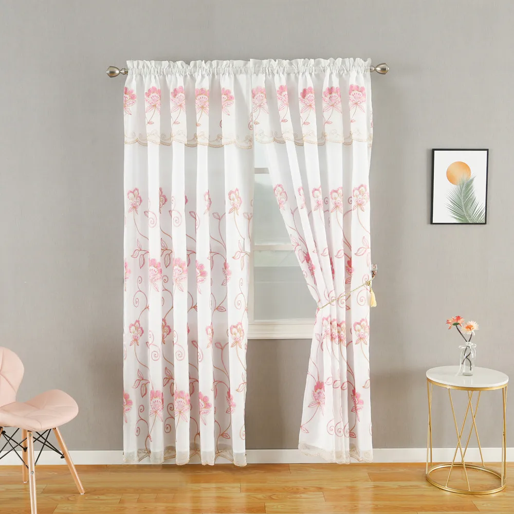 Double layer luxury rod pocket curtains valance attached pink&gold shiny embroidered thread peacock crown design for  bedroom