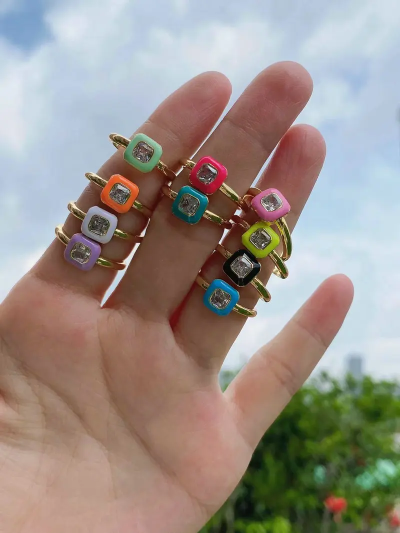 Fashion New Multi Color Enamel Band Zircon Ring Rainbow Open Adjustable Stacking Neon Enamel Square Rings for Women