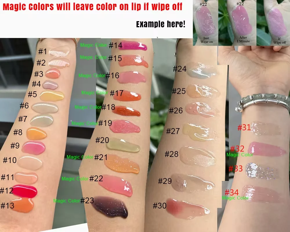 Wholesale color changing Moisturizing tint magic lip oil vegan Fruit shimmer Lip Oil Private label liquid transparent lip gloss
