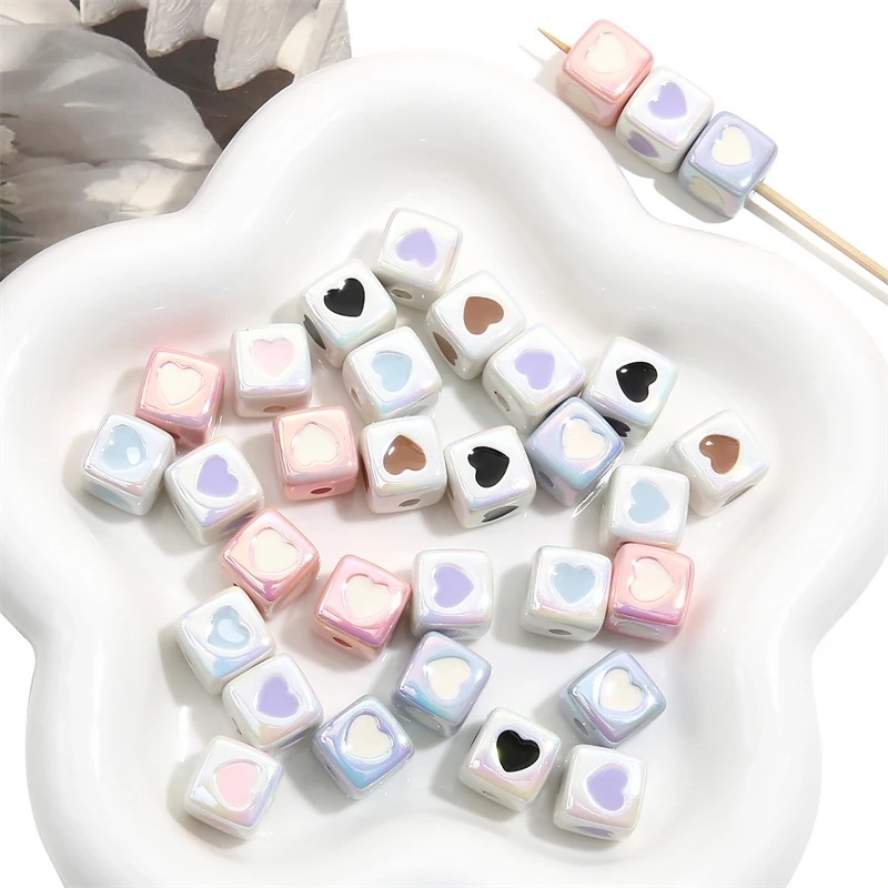 Factory Wholesale 12mm Cute Square Acrylic Colorful Heart Beads Loose UV Cube Beaded For DIY Jewelry Bracelet Phone Chain Making