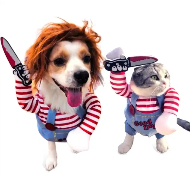 Hot selling funny pet chucky dog clothes cute doll Holding a Knife Halloween pet dog Costume