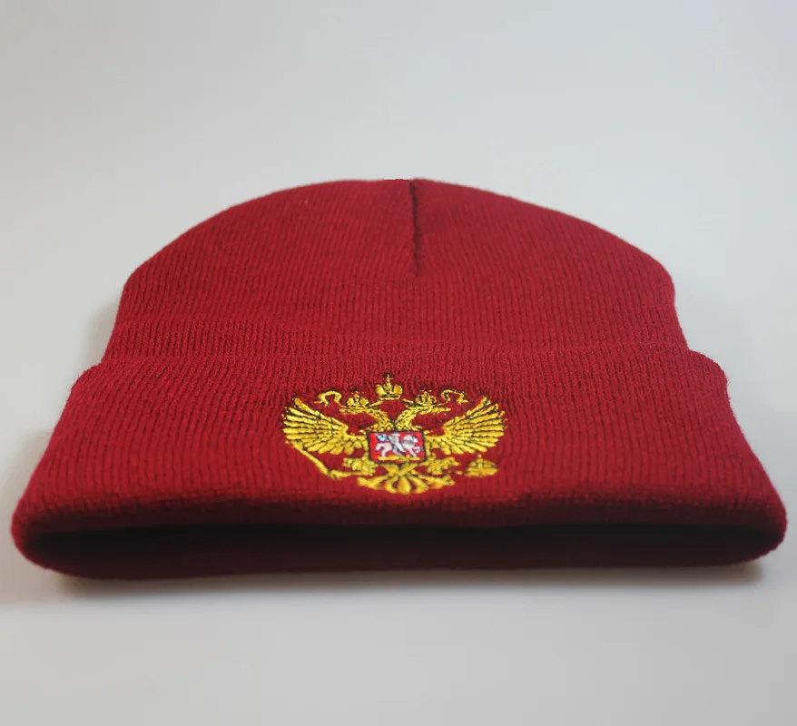 Popular Russia National Emblem Badge Embroidery Knitted Hat Sleeve Cap Autumn Winter Warm Hat Cold Beanie