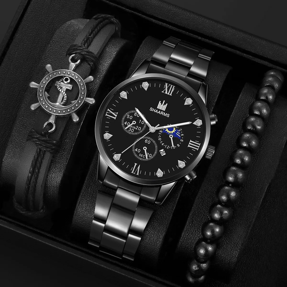 Men Jewelry Hot Selling Item Gift Set For Watch Steel Band Wristwatch Men Simple Casual Ship Rudder Bracelet+Quartz Watches