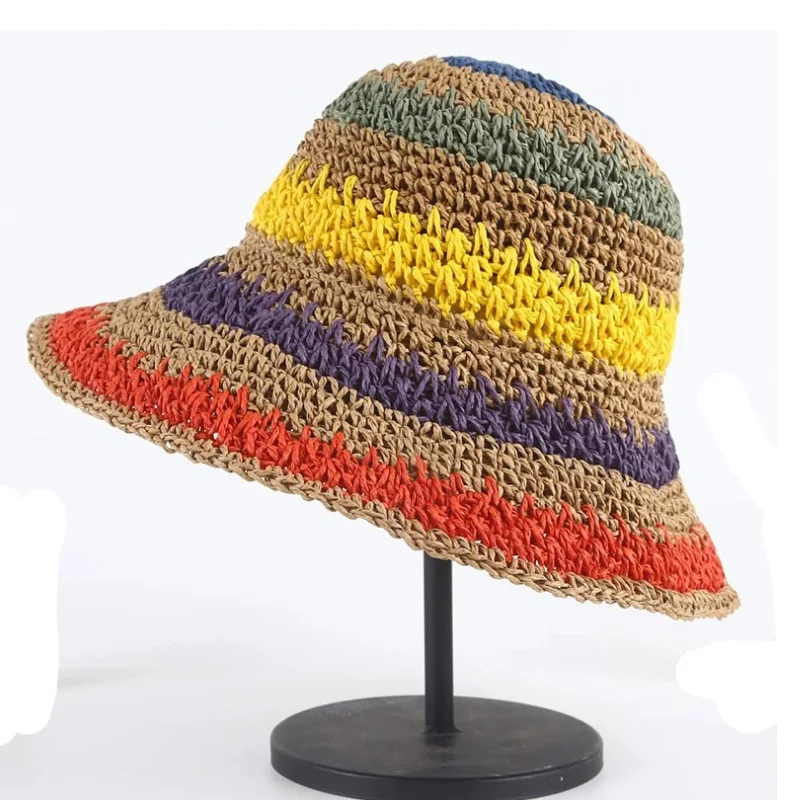 Foldable Wide Brim Colorful Crochet Straw Hat Summer Holiday Vacation Crochet Bucket Hat