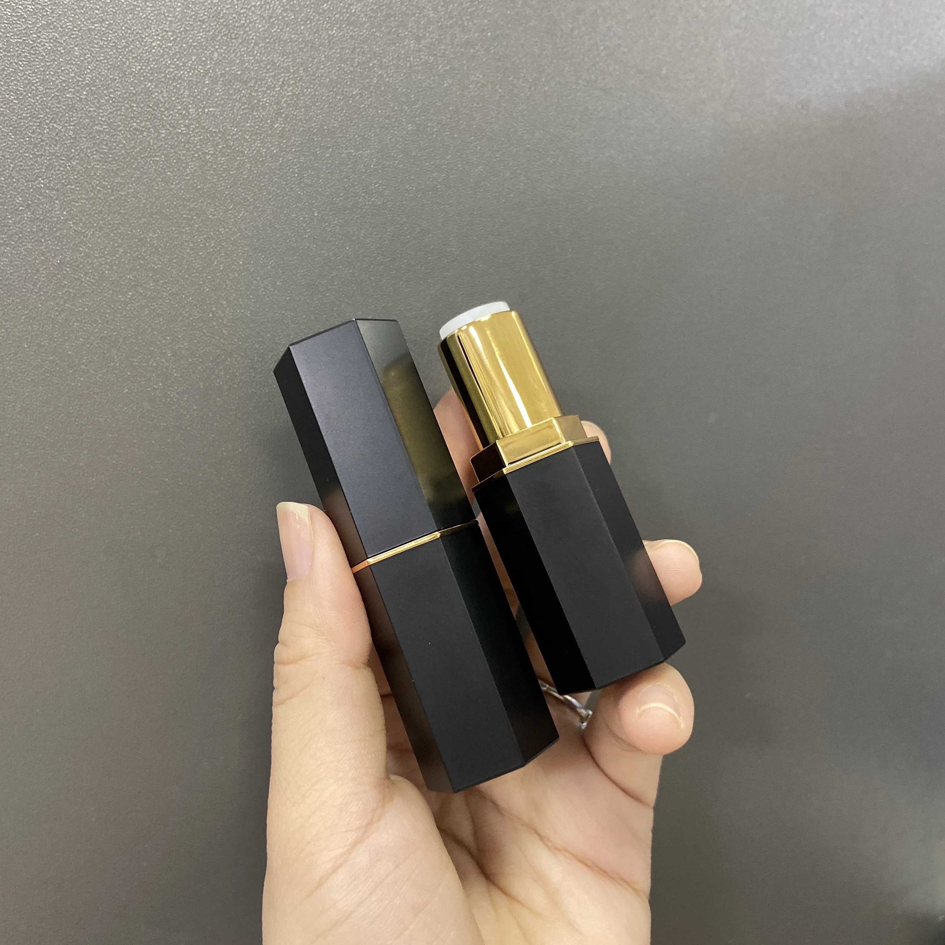  private label new design plastic hot sale hexagon shape makeup container no logo matte black lipstick case for