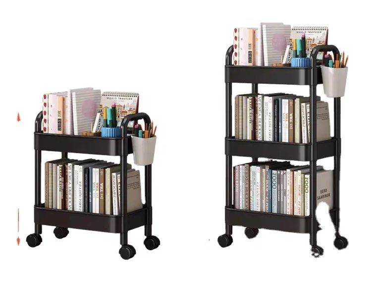 Plastic trolley Double armrest shelving floor to floor snack Kitchen bathroom Home Multi-layer removable trolley with wheel