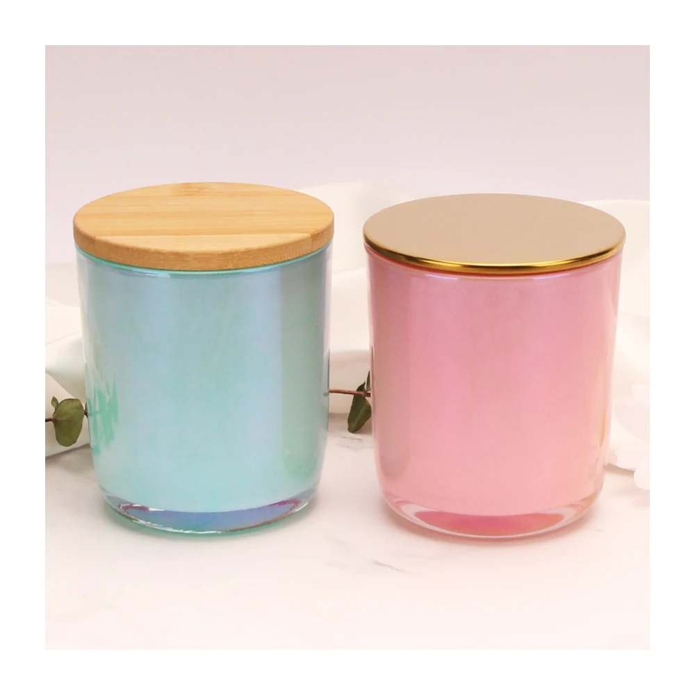 Wholesale 8oz 10oz 12oz Iridescent Extra Large Candle Vessel Clear Glass Candle Jar Luxury With Lid