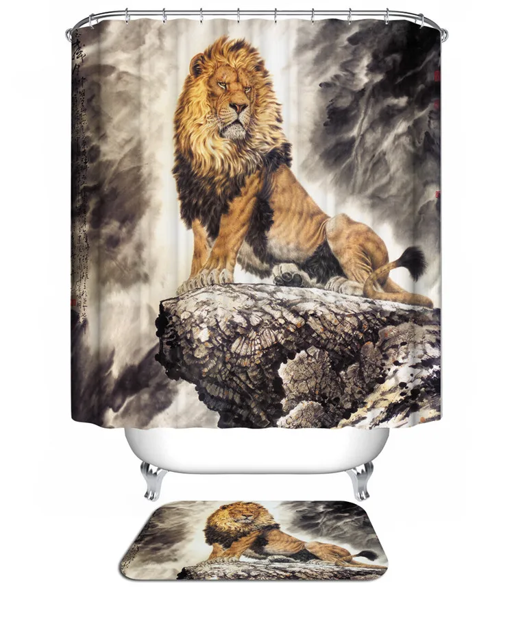 Оптовая Продажа Тканые Лев душевая занавеска животное для ванной комнаты с шторы