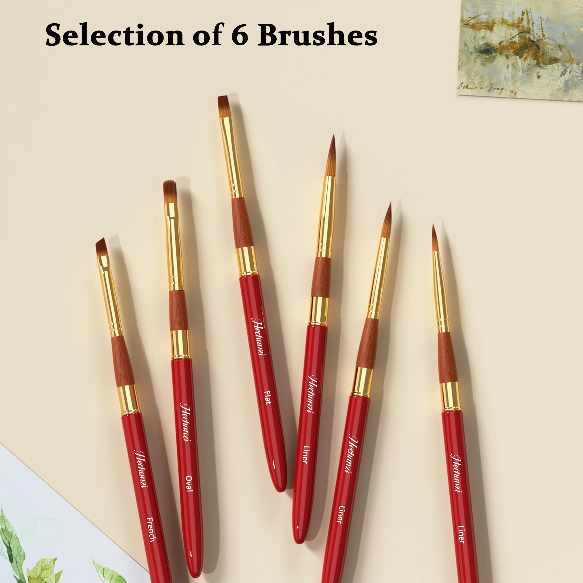 Hechunzi High Quality Red Gold Ferrule Watercolor Brush 6pcs Set Round Synthetic Travel Paint Artist Brushes