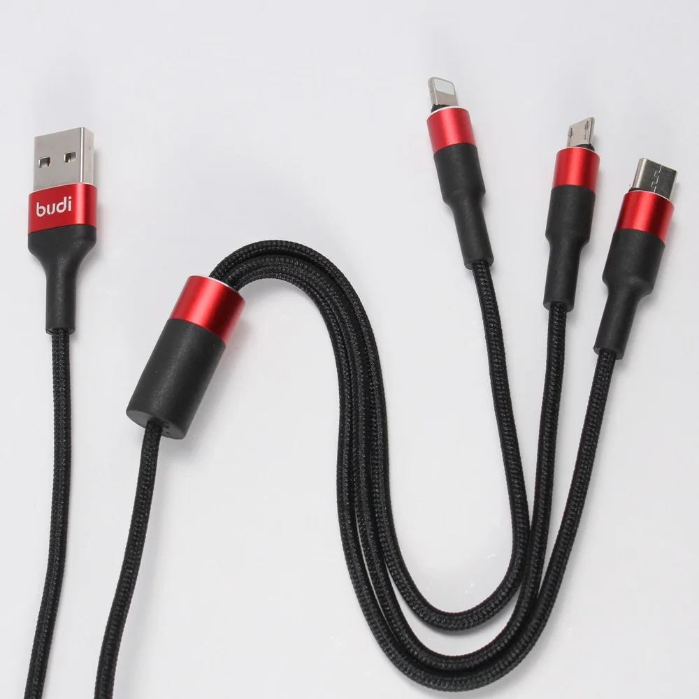 budi three in one 4ft nylon braided multi phone charger sync data usb cable 3 in 1 type-c/micro usb mobile phone charging cable