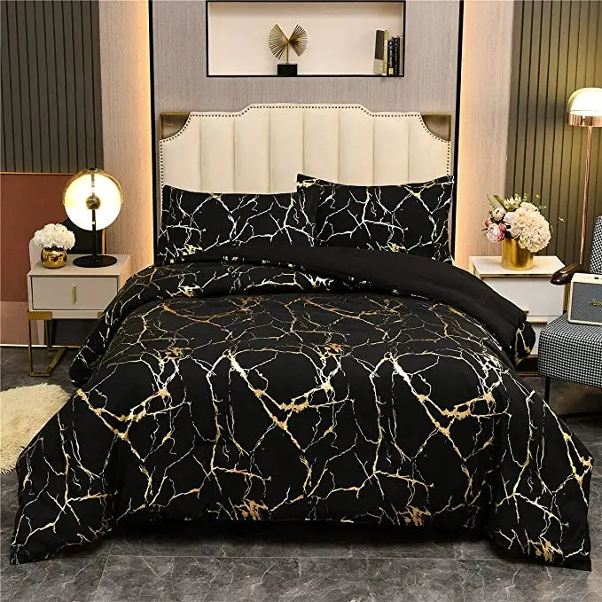 Gold Metallic Marble Comforter Set Queen Size Foil Print Glitter Bedding Set