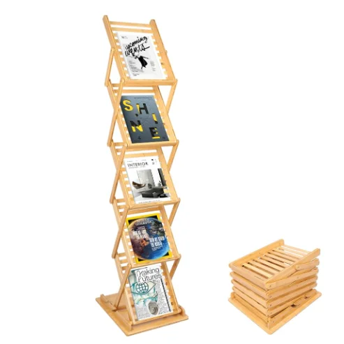 Portable Bamboo 5-Layer Custom Foldable Magazine Brochure Display And Storage Rack For Reception Rooms
