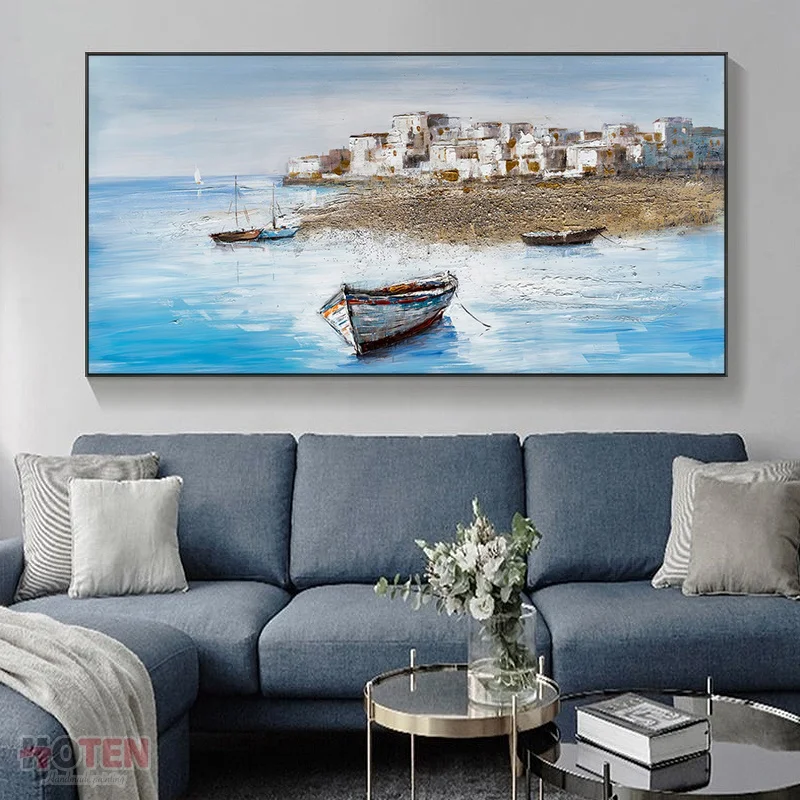 Modern Simple Original Plain Sailing Galleon Sea Hand-painted Texture Thick Oil Abstract Canvas For Hotel Projects