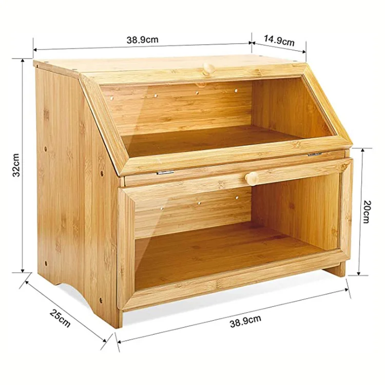 Modern Kitchen Bamboo Food Bread Bin Loaf Toast Storage Box 2 Layer Luxury Large Capacity Countertop with Acrylic Lid