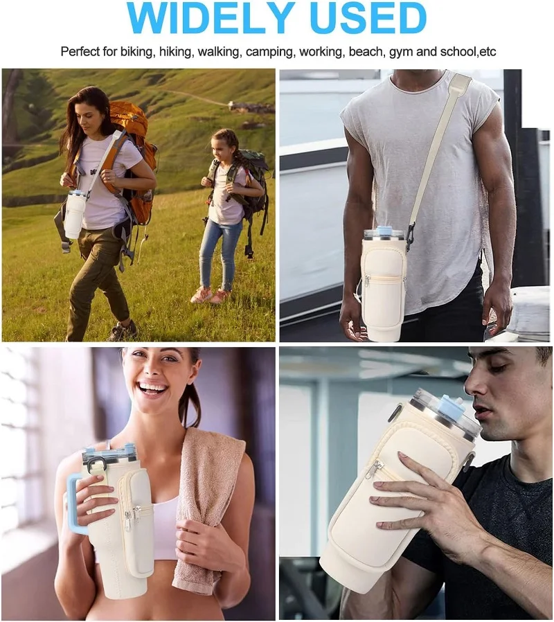 Custom logo neoprene 40oz water bottle carrier sleeve pouch tumbler cup holder sling bag with phone zipper pocket shoulder strap