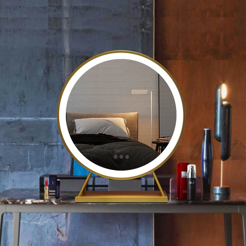 european style luxury gold tabletop led makeup mirror With iron frame and base