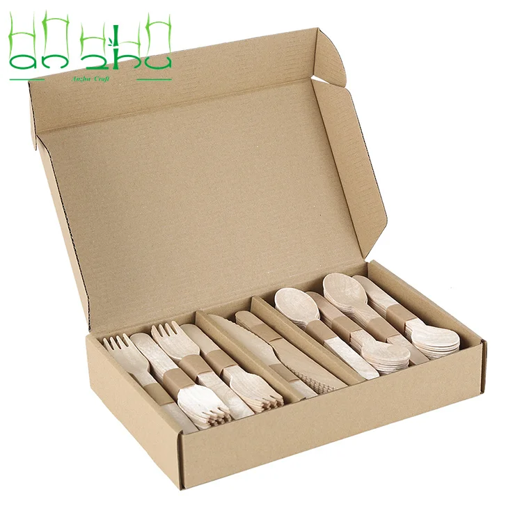 Eco-friendly Reusable Wood Cutlery 16CM Fork ,16CM Spoon, 16.5CM Knives Disposable Dinnerware Set With Cutlery
