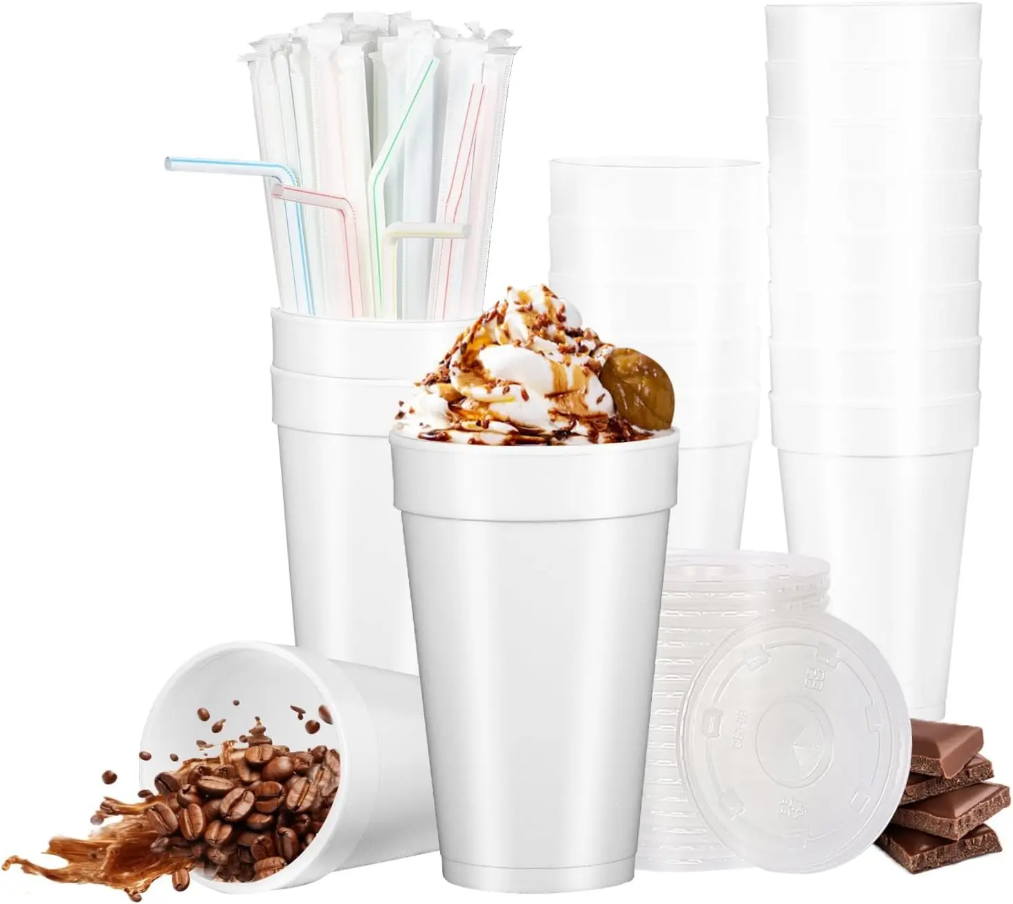 PTPACK 16oz disposable white foam cups can insulate hot and cold drinks.