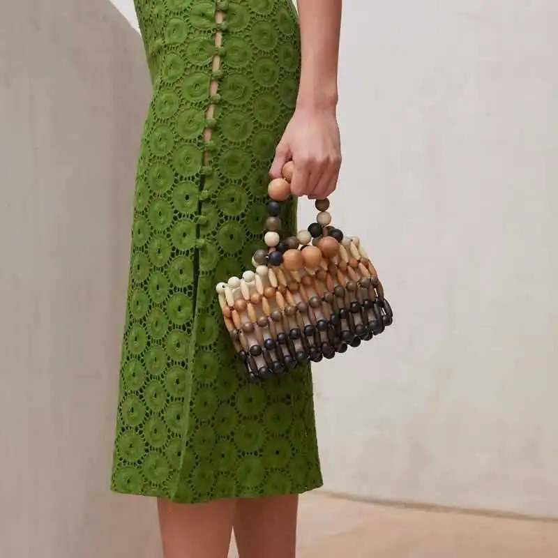 new design hand-woven beaded natural wood beads ladies bamboo woven bag clutch