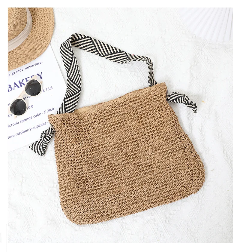 casual beach strap shoulder wear sling bag women straw crochet woven natural straw beach tote handbag with embroider strap