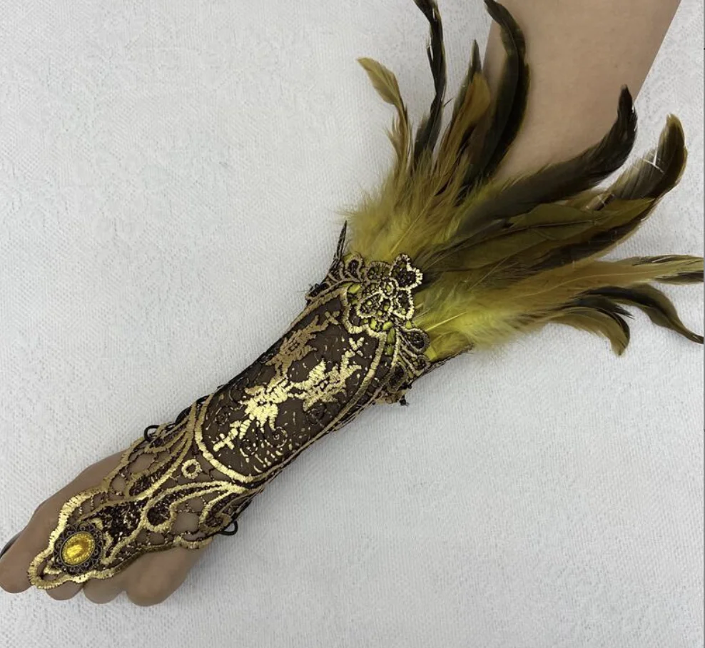 ZSY Halloween feather bracelet Gothic style feather gloves hollowed out gold lace gloves Clothing and Accessories