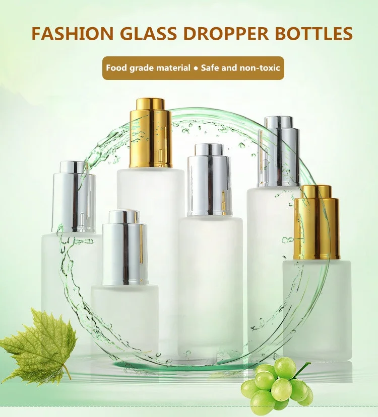20ml 30ml 50ml 60ml 100ml clear frosted press pump button glass dropper bottle cosmetic serum bottle with pipette