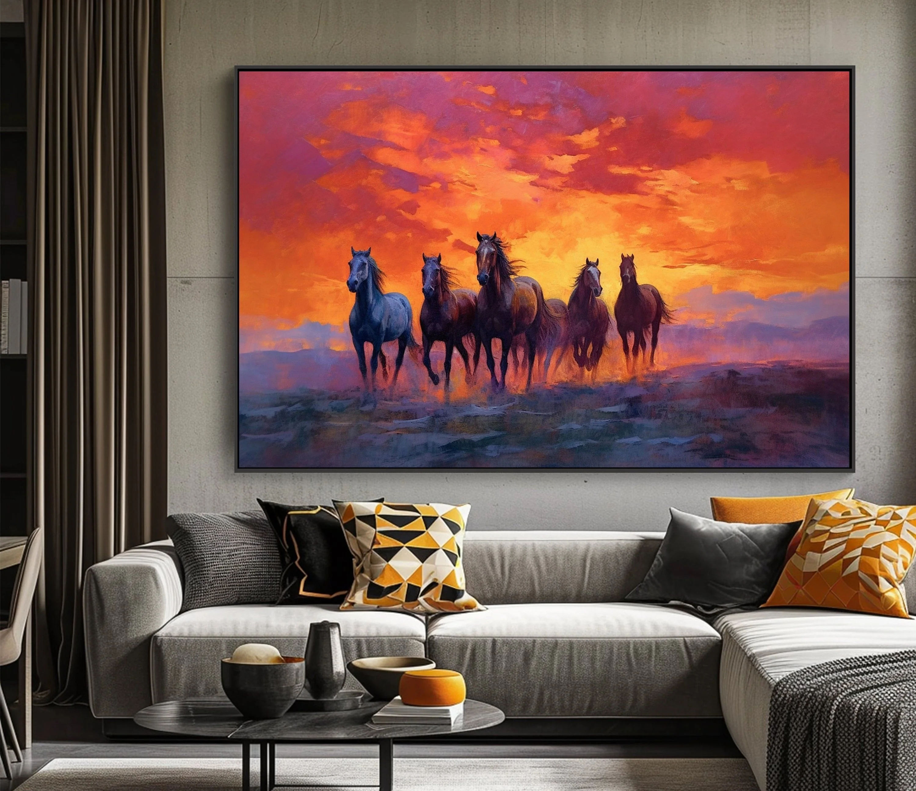 New 100% Handpainted Traditional Chinese Horses Oil Painting on Canvas Featuring Scenic Subjects