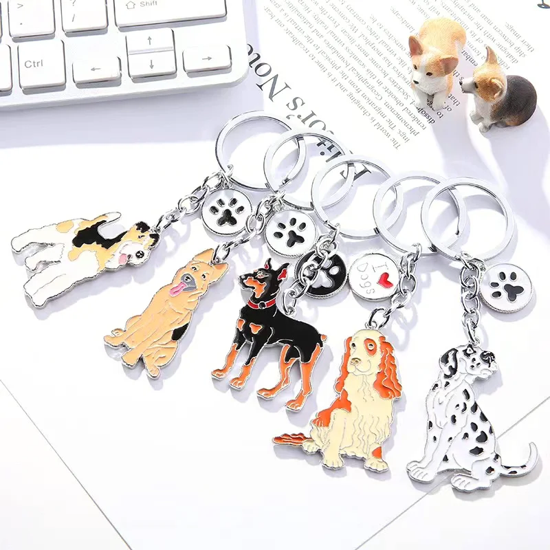 Fashion Cartoon Promotional Cute Pet Dog Metal KeyChain Enamel I Love Dog Gold Bells Golden Retriever Samoyed Dog Key Chain