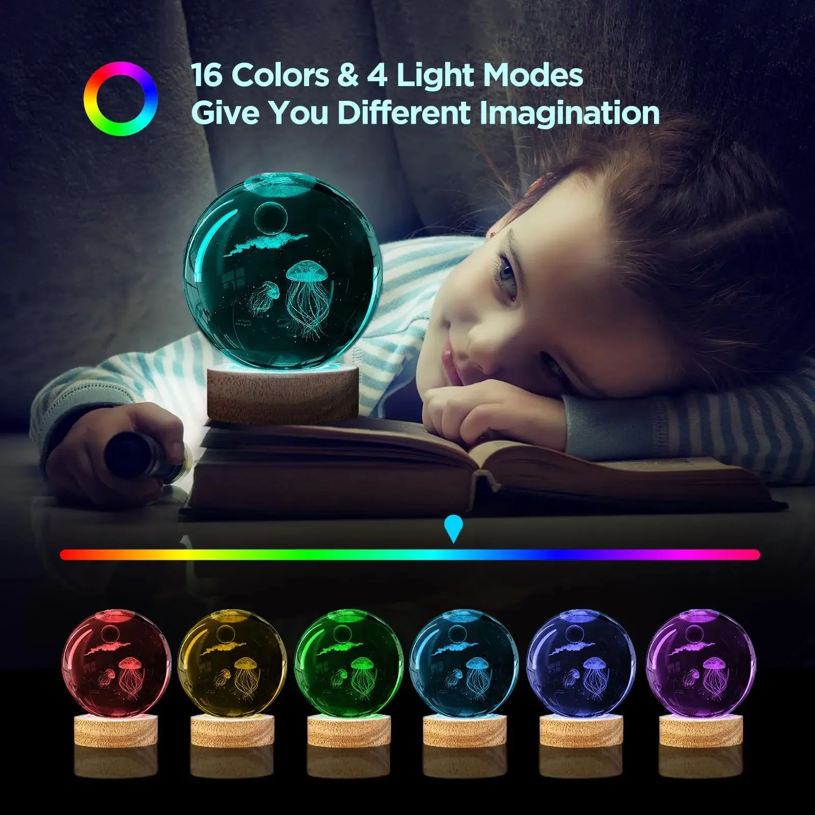 Lovely Children Birthday Gift 80mm Crystal Ball With 3D Laser Engraved Jellyfish With Led Base For Room Night Light