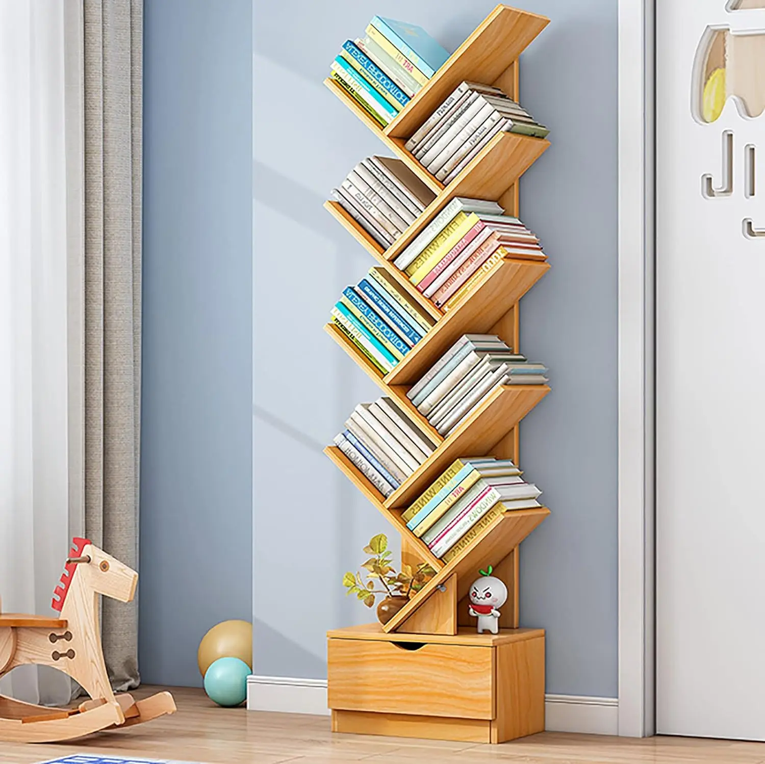 Simple small tree bookcase storage shelf floor bedroom reading shelf living room creative narrow bookcase household multi-layer