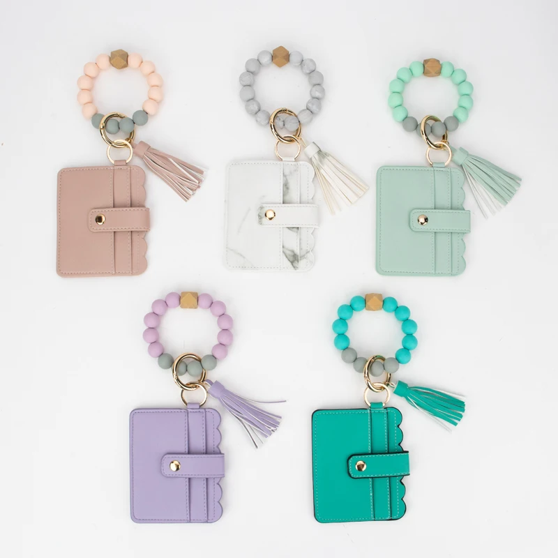 Women Clippable Bead Chain PU Coin Bag Pouch Card Holder Key Chain Wallet Portable Keychain Bags Zip Wristlet Wallet For girls