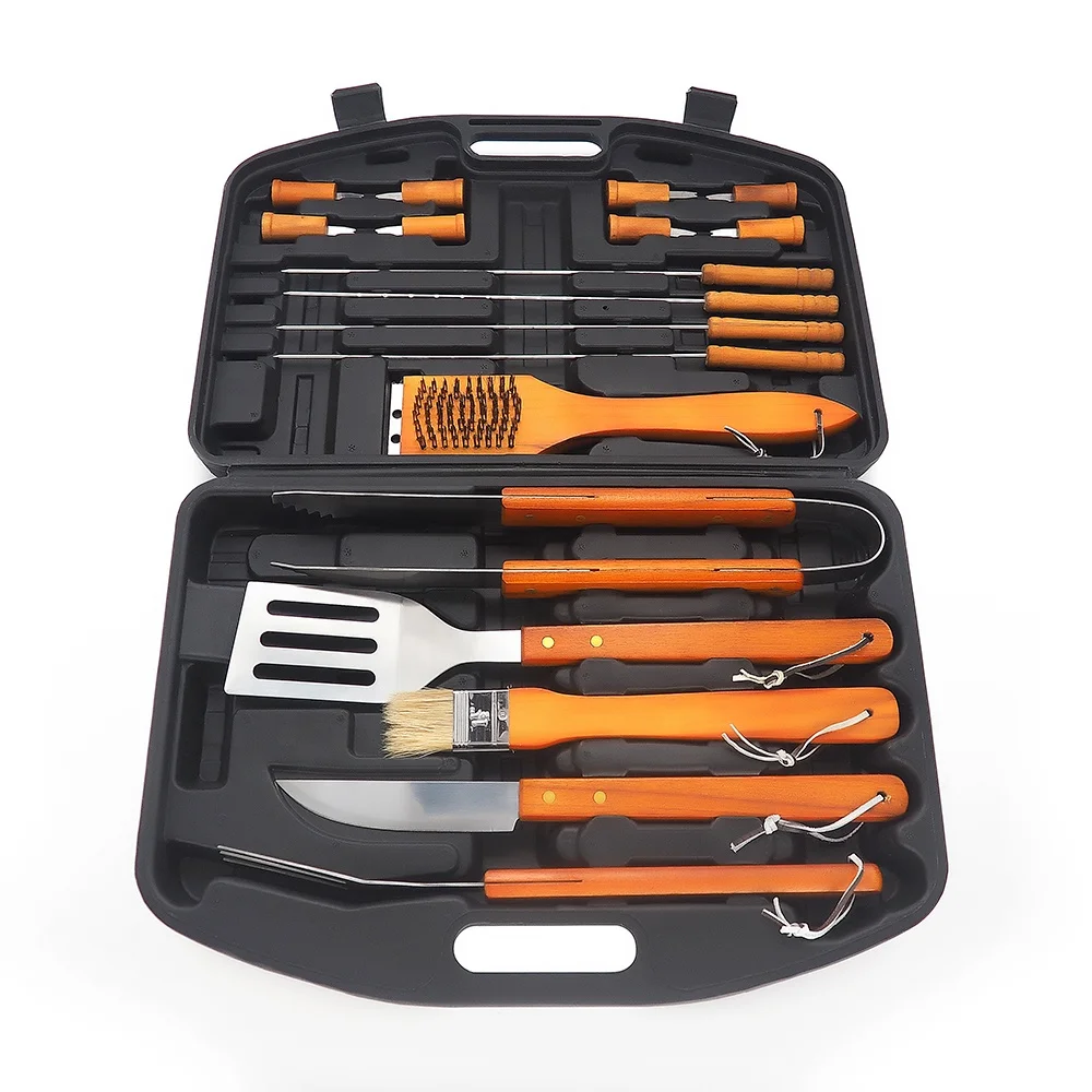 Portable 19PCS BBQ Grill Accessories Tools Set Barbecue With Wooden Handle And Suitcase