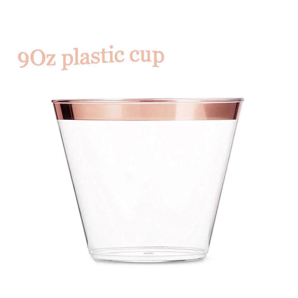 50 pack factory  wholesale cheap 9 oz Clear Plastic rose  Gold Rimmed Cups Fancy Disposable for Wedding  Elegant Party Cups