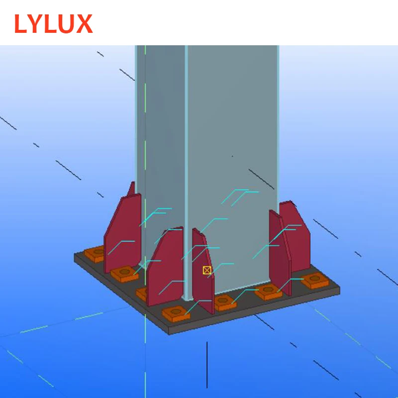 Prefabricated steel building Tekla 3D model foundation design, base column foot,  anchor bolts for hotel, apartment, office