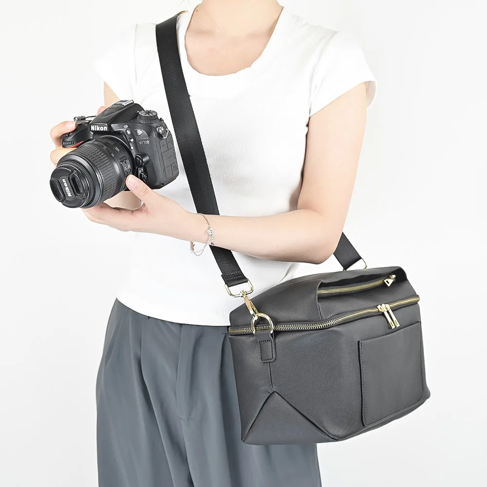 Professional custom make black vegan leather crossbody shoulder camera bag for Photography