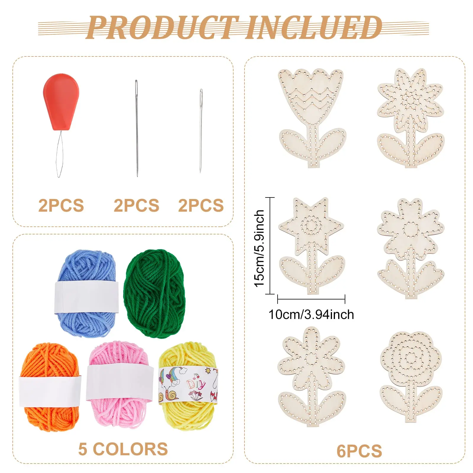 6 Pieces Each Set Wooden Flower Threading Sewing Craft Kit Kids Embroidery Board Set