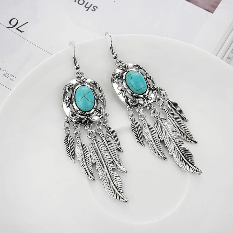 Latest Design Antique Silver Turquoise Earrings Bohemian Jewelry Wholesale